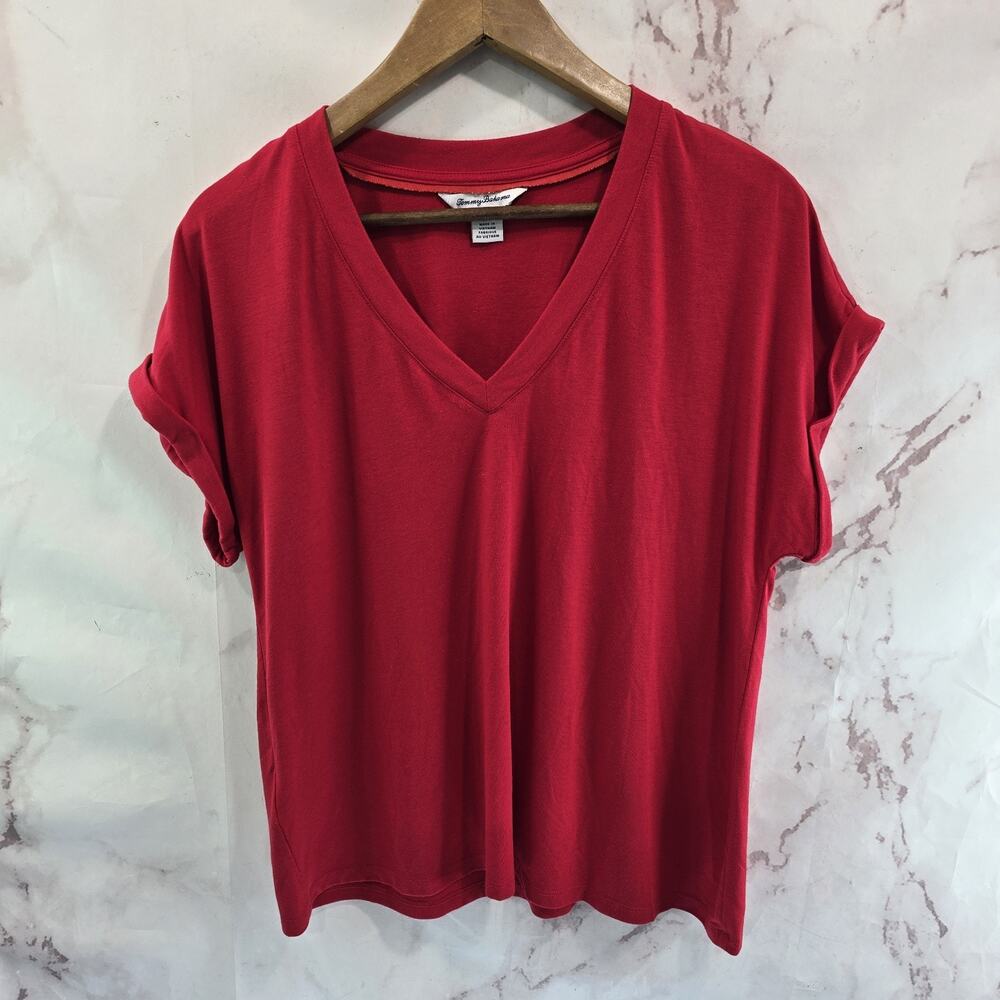Tommy Bahama Shirt Womens Small Red Short Sleeve Cuffed Rhumba Boxy Crop